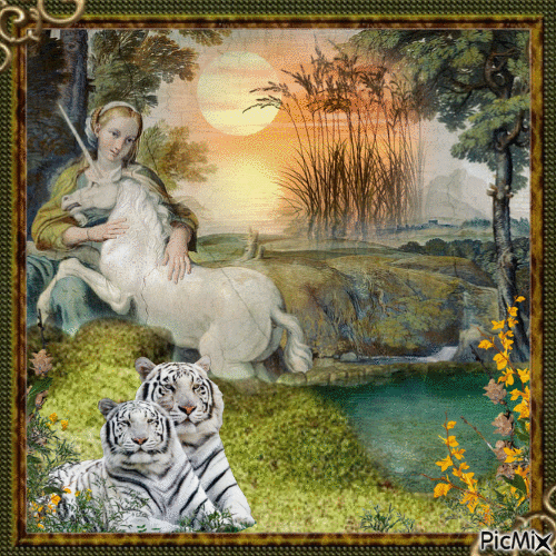 FANTASY WOMAN WITH UNICORN AND WHITE TIGER - Free animated GIF