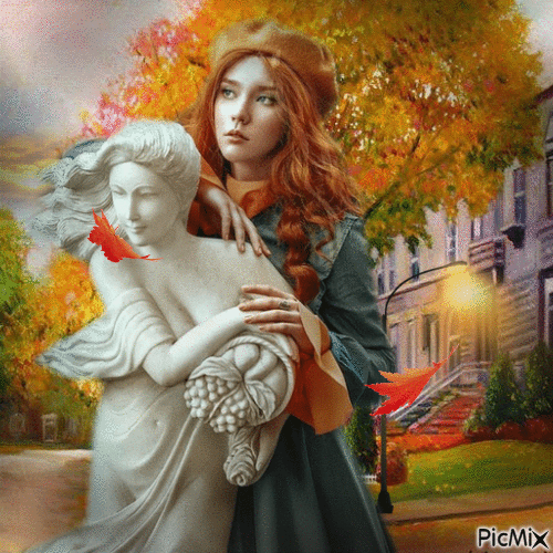 Rothaarige Frau im Herbst mit Baskenmütze - Безплатен анимиран GIF