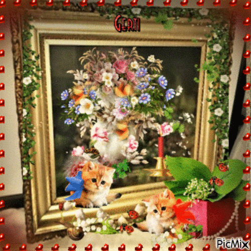 Chats et fleurs - Gratis geanimeerde GIF