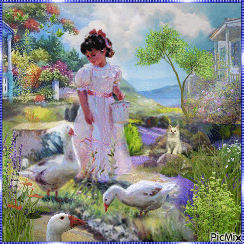 Little girl with geese - Free animated GIF