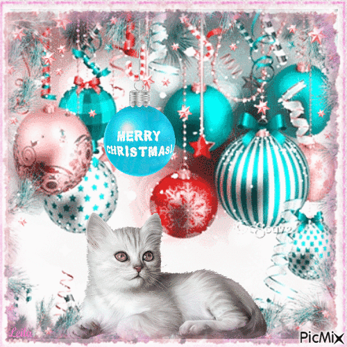 Merry Christmas. Cat. Christmas balls. - Gratis animeret GIF
