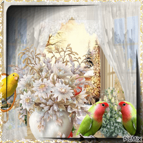 Ramo de flores y pájaro - Darmowy animowany GIF