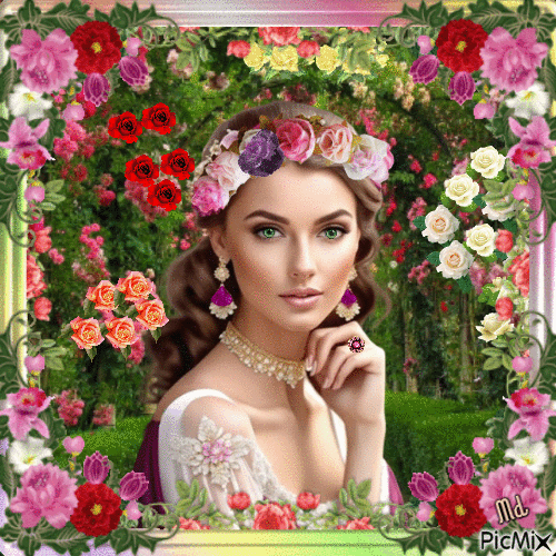 Belle femme parmi les roses - Δωρεάν κινούμενο GIF