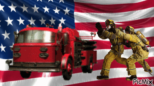 Firefighters and fire truck - Gratis animerad GIF