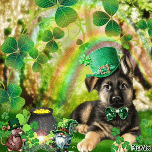 St. Patrick's Day Puppy, Mouse, and Gnome - GIF animasi gratis