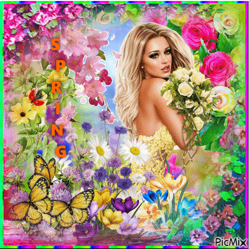 Woman with Spring Flowers - Free animated GIF