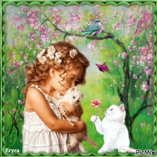 Fillette et chatons blanc - Free PNG