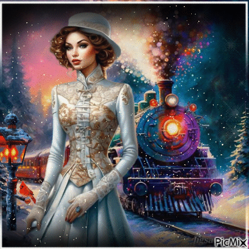 Mujer vintage elegante en invierno esperando su tren - Kostenlose animierte GIFs