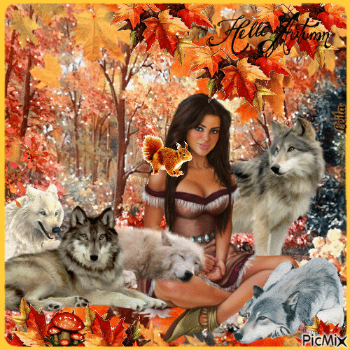 Native American woman with wolves. Autumn