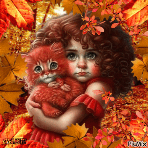 Petite fille et son chat roux - Ilmainen animoitu GIF