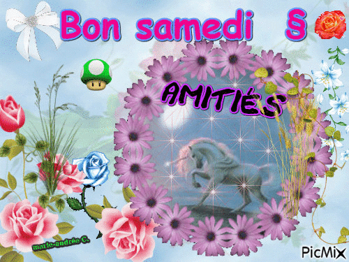Fleurs, roses, Un cheval § Amitiés - Bon samedi . - Бесплатный анимированный гифка