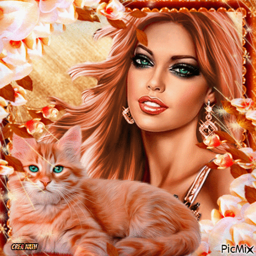 FEMME ROUSSE ET SON CHAT - Free animated GIF
