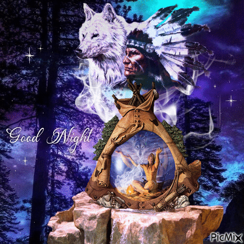 Good Night Native American and a Wolf - Free animated GIF