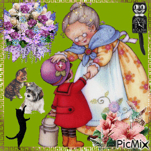 A GREEN, PINK, ORANGE, AND WHITE FLASHING BACKGROUND, GRANDMA PATTING GRANDCHILDS HEAD FLOWERS IN 2 CORNERS, A CAT CLOCK 2 CATS PLAYING WIT DOG. - Zdarma animovaný GIF