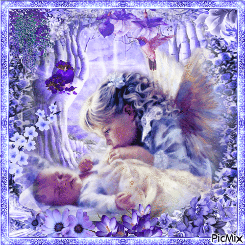 Engel mit Baby - Lila Farben - Gratis geanimeerde GIF