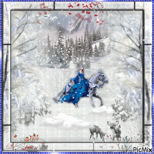 Femme avec des chevaux en hiver - Fantasy - GIF animé gratuit