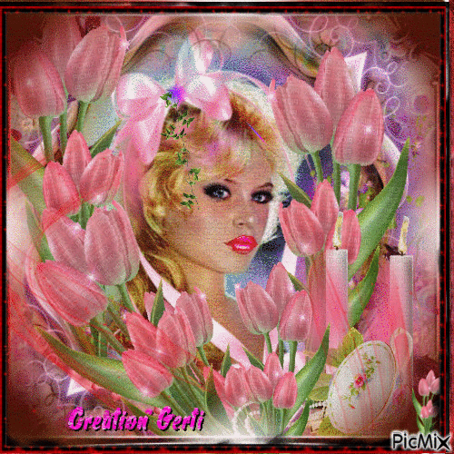 Tulipes roses et femme en rose - Gratis animerad GIF