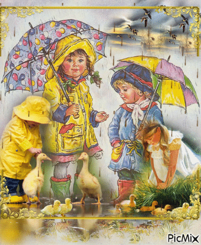 2 little boys and two little girls, playing in the rain with the ducks. - GIF animado gratis