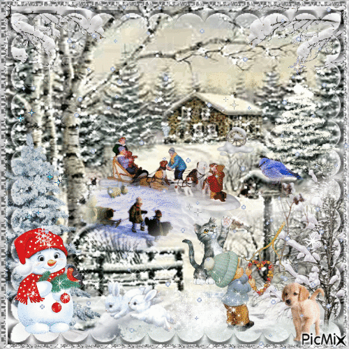 Winter with childrens and animals - Gratis animerad GIF