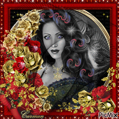 Donna tra rose rosse e oro. - Free animated GIF