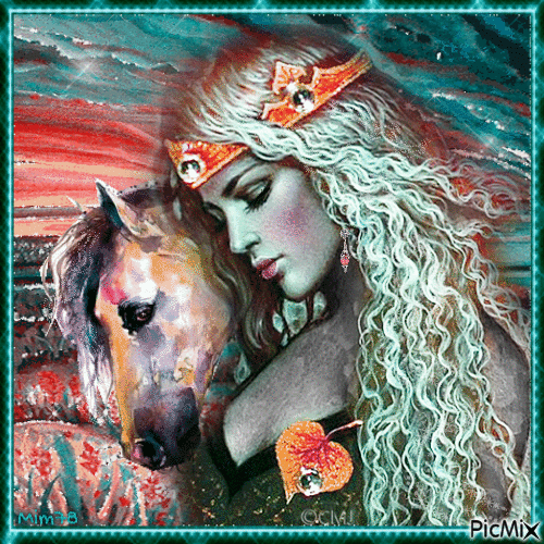 femme et son cheval - Gratis animeret GIF