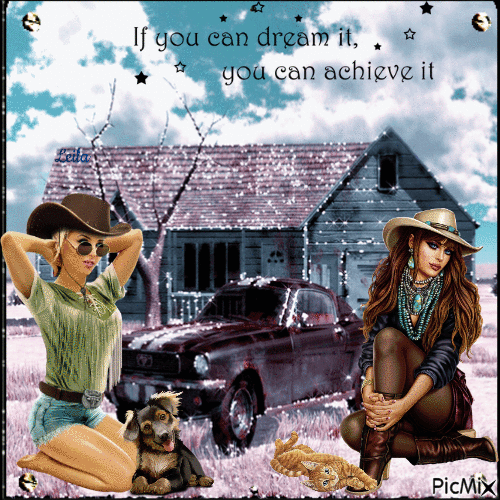 Dream it, achieve it. Cowboy Girl and dog, cat - GIF animé gratuit