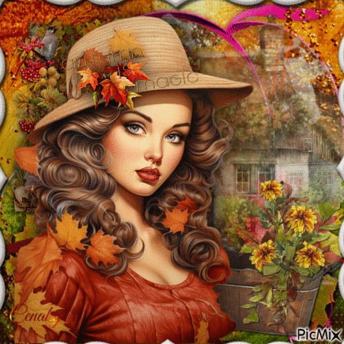 Femme avec chapeau en automne - GIF animasi gratis