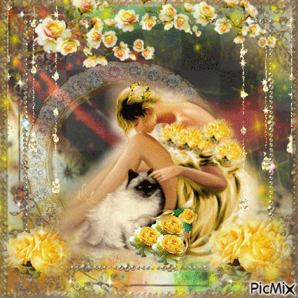 Donna con gatto e rose - Ingyenes animált GIF