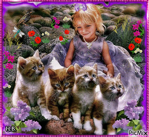 Rita and her four cats. - GIF animate gratis