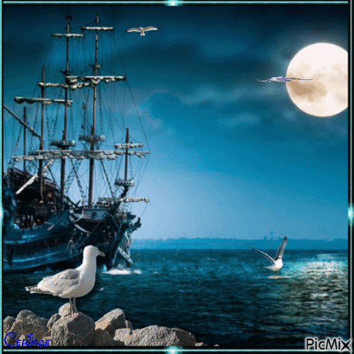 Le bateau au clair de lune - Free animated GIF