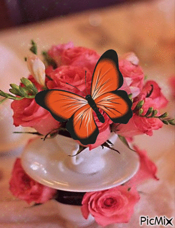 roses et papillon - Gratis animeret GIF