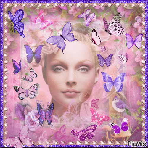 Woman and butterflies - Purple/pink tones - Gratis animeret GIF