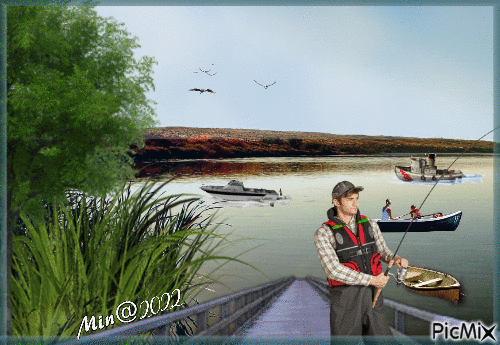 landskap med sjö och båtar - 無料のアニメーション GIF