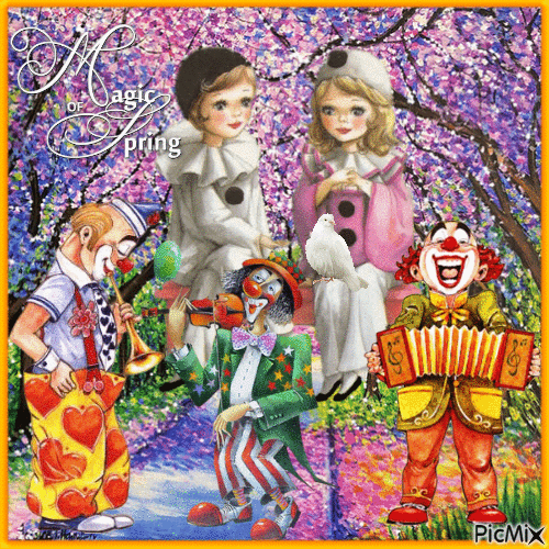 Pierrot, Colombine and clowns in spring - GIF animé gratuit