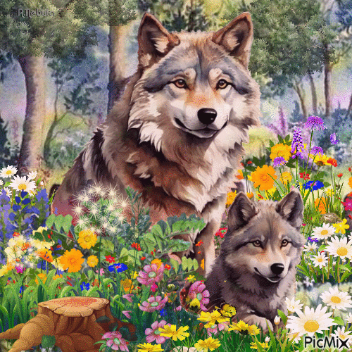 Wolf in spring - Бесплатни анимирани ГИФ