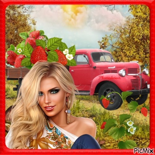Femme et camion de fraises. - фрее пнг