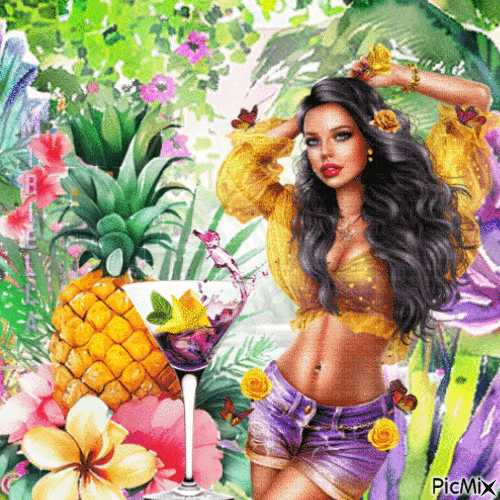 Contest!Femme avec des fleurs - Tropical - Δωρεάν κινούμενο GIF