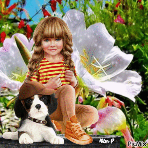 the little girl and the dog - Free animated GIF