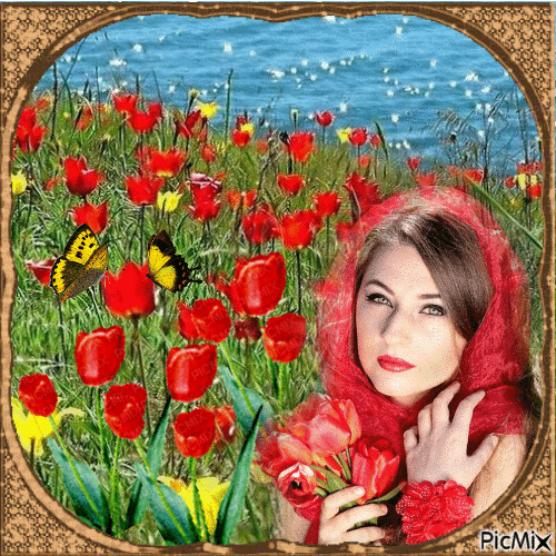 Девушка с тюльпанами - Безплатен анимиран GIF