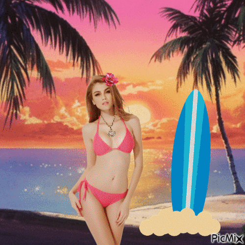 Cute redhead with surfboard - Free animated GIF