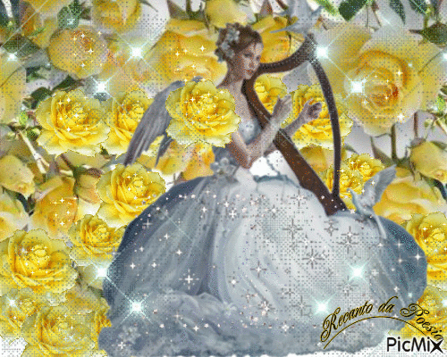 anjo tocando harpa e rosas amarelas - GIF animado grátis