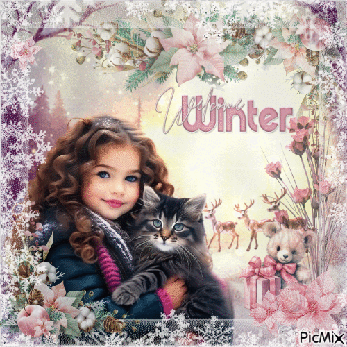 Child in winter with a cat - Ingyenes animált GIF