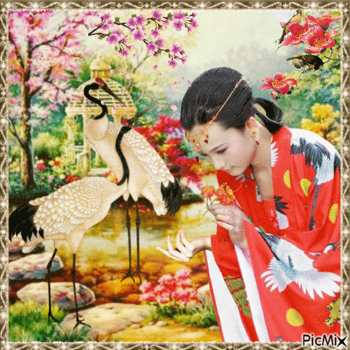 Asian Woman with Cranes - Free animated GIF