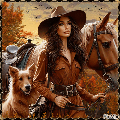 Woman on a walk with a horse and a dog, in brown - Gratis geanimeerde GIF