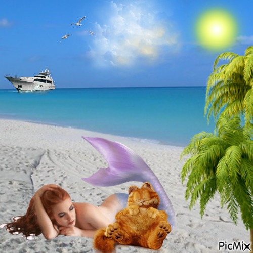 Lazy Garfield With Sleepy Mermaid - Free PNG