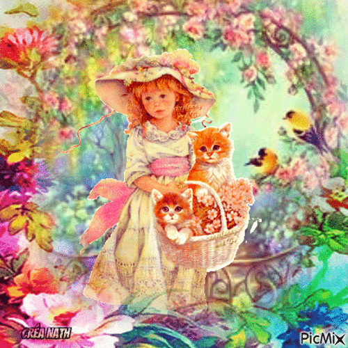 La petite fille et son jardin fleurit - Free animated GIF