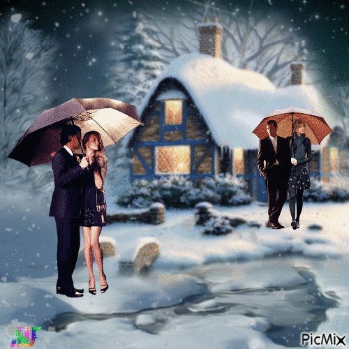 deux couples sous la neige - 無料のアニメーション GIF
