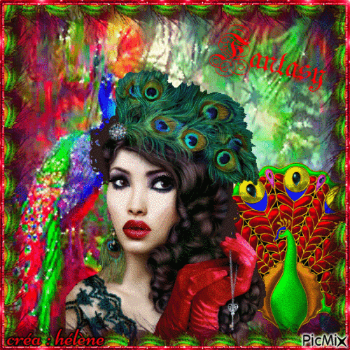 Femme au paon - fantaisie, rouge et vert - GIF animé gratuit