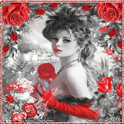 Femme avec des roses - Rouge, noir et blanc - Ilmainen animoitu GIF