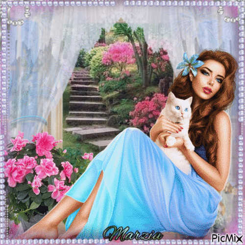 signora con gattino e fiori - Gratis geanimeerde GIF